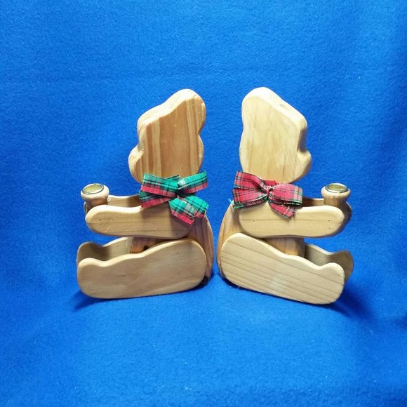 Wooden Teddy Bear Candlestick Holder Set Christmas Around The World Set of 2 - Picture 2 of 10